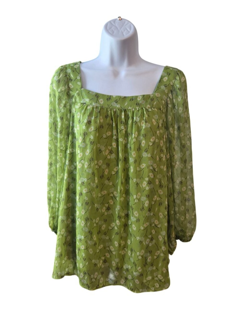 LC Lauren Conrad Womens XL Green Floral Blouse Square Neck Cottagecore Boho